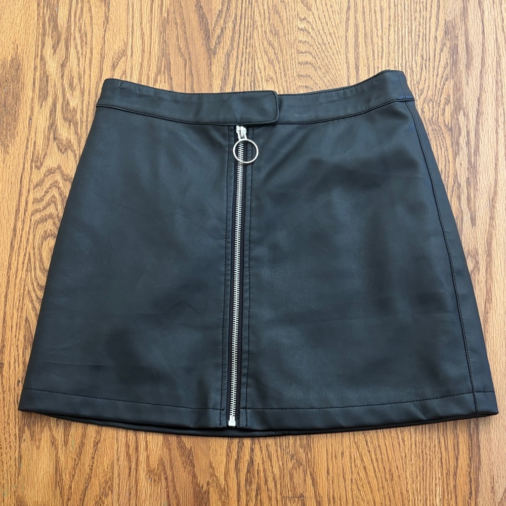 Black Faux Leather Mini Skirt with Front Zipper